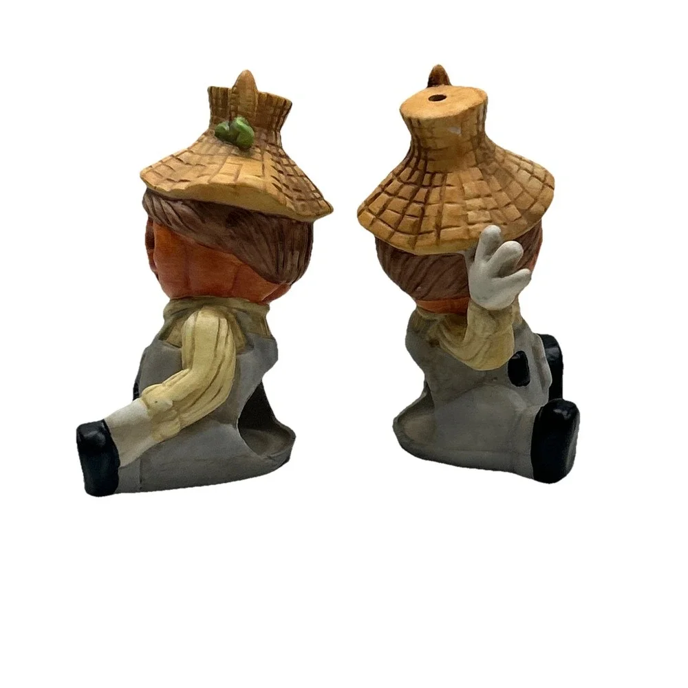 Vintage Lot Of 2 Pumpkin Head Scarecrow Candle‎ Holder Figurine Halloween Decor